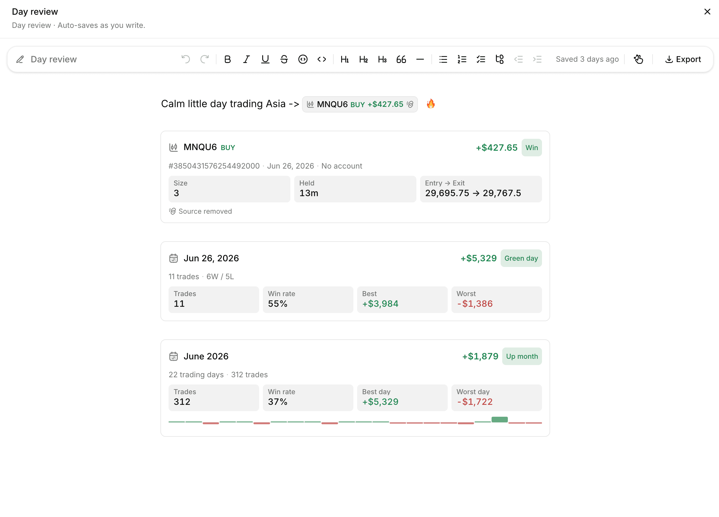 trackmyprop day-review editor with an embedded trade, daily summary, and monthly trading summary